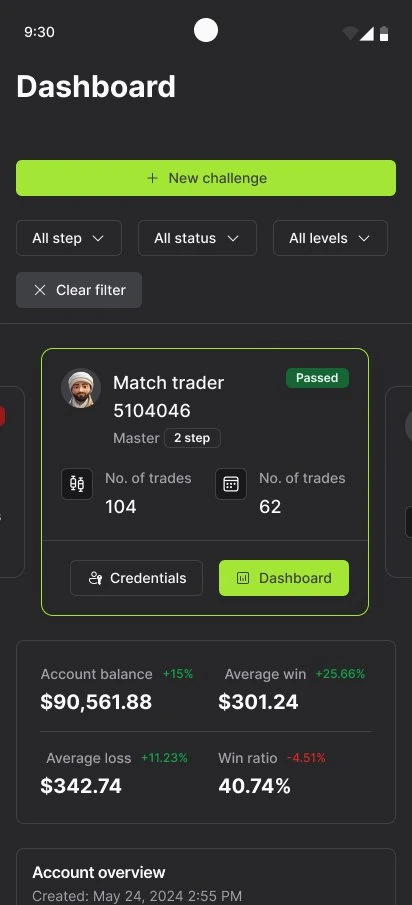 DashProp trader app on mobile — challenges, balance and account overview